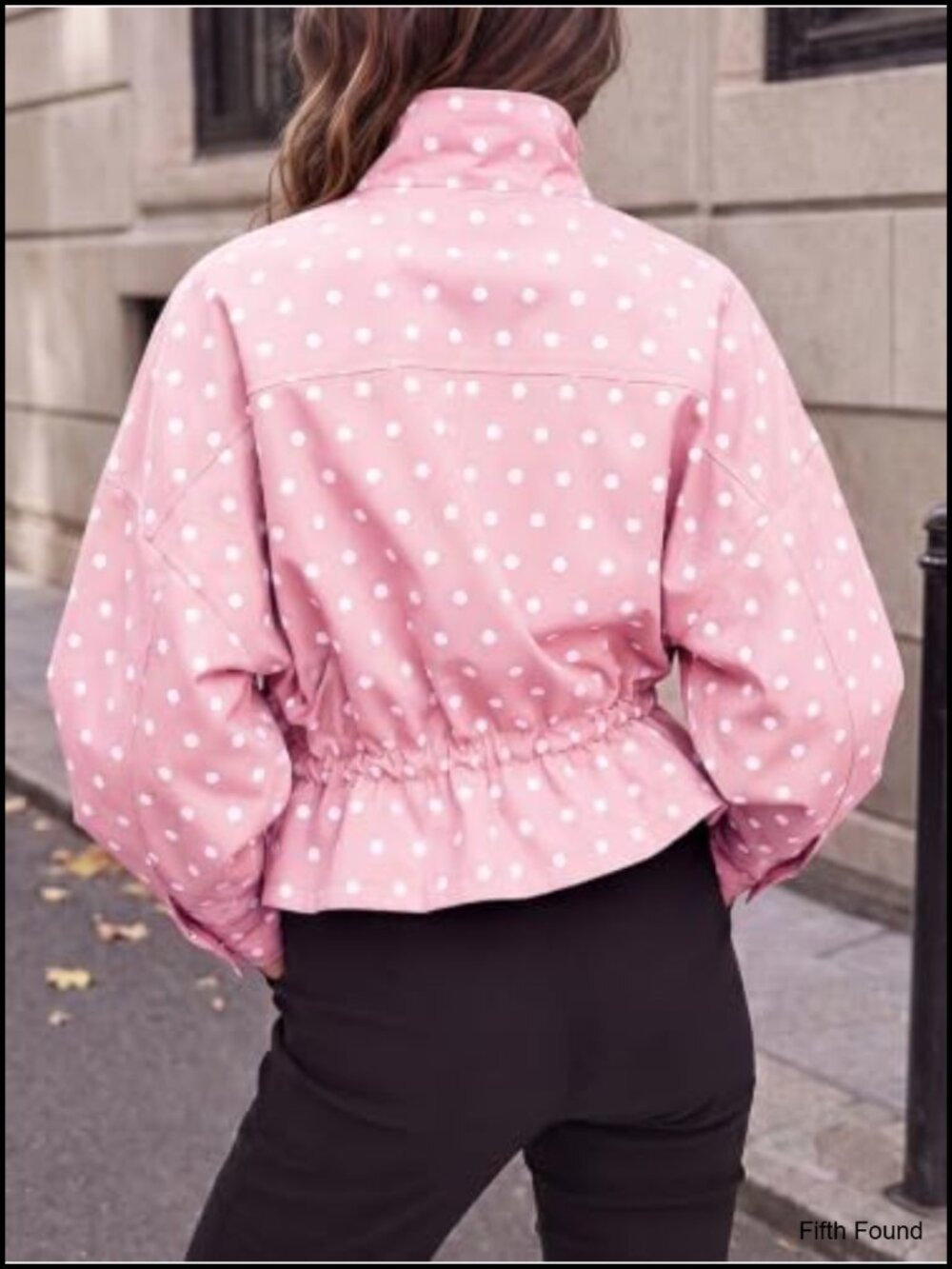Zip Up Casual Jacket Polka Dot Drawstring Oversized Long Sleeve Fall Coat - Picture 4 of 5